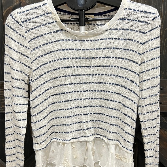 Lily White Bohemian Lace Top S Striped White Blue Embroidered Frilly Festival - Picture 5 of 13